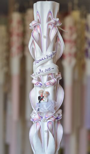 Lumanari nunta sculptate 6 coloane, cu perlute, cu figurina, irizatie roz si mov